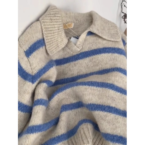 歐貨小衆藍色條紋polo翻領長袖軟糯針織衫毛衣女秋冬慵懶套頭上衣 歐貨小衆藍色條紋polo翻領長袖軟糯針織衫毛衣女秋冬慵懶套頭上衣