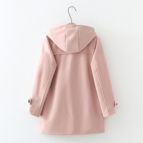 毛呢外套女中長款秋冬小個子日系粉色連帽學生森系牛角釦呢子大衣 毛呢外套女中長款秋冬小個子日系粉色連帽學生森系牛角釦呢子大衣