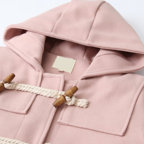 毛呢外套女中長款秋冬小個子日系粉色連帽學生森系牛角釦呢子大衣 毛呢外套女中長款秋冬小個子日系粉色連帽學生森系牛角釦呢子大衣