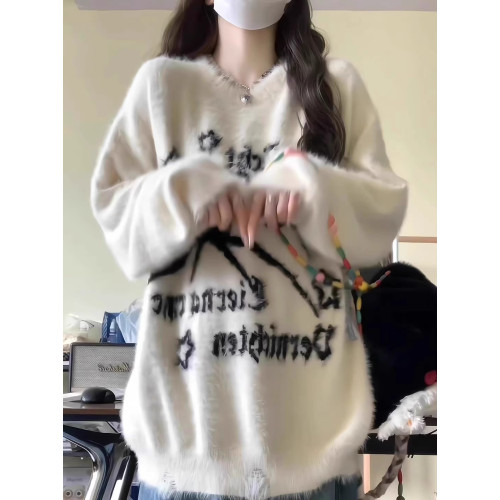 高級感寬松hiphop馬海毛毛衣外套女秋冬加厚氛圍感慵懶風針織上衣