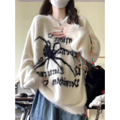 高級感寬松hiphop馬海毛毛衣外套女秋冬加厚氛圍感慵懶風針織上衣