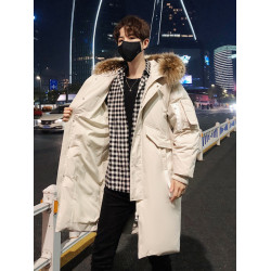 中長款情侶羽絨服2025新款連帽毛領時尚寬松男女款保暖加厚外套潮