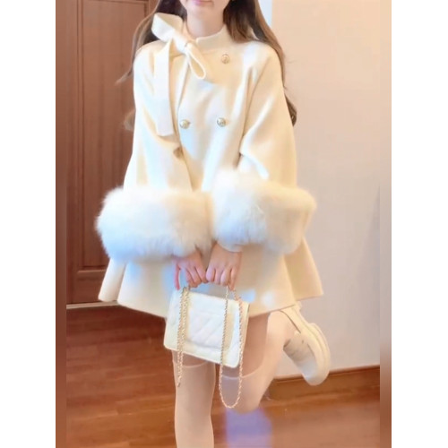 大碼法式富家千金白色毛呢外套女裝秋冬高級感中長款呢子鬭篷大衣 大碼法式富家千金白色毛呢外套女裝秋冬高級感中長款呢子鬭篷大衣