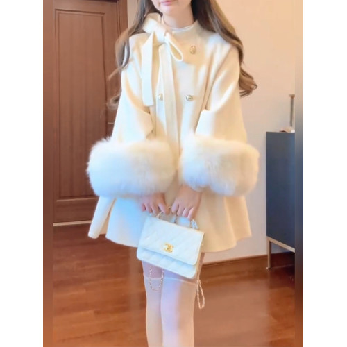 大碼法式富家千金白色毛呢外套女裝秋冬高級感中長款呢子鬭篷大衣 大碼法式富家千金白色毛呢外套女裝秋冬高級感中長款呢子鬭篷大衣