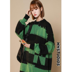 條紋拼色毛衣女秋冬胖mm學生大碼寬松慵懶風針織衫套頭圓領毛線衣