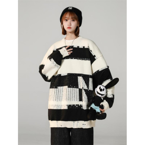 條紋拼色毛衣女秋冬胖mm學生大碼寬松慵懶風針織衫套頭圓領毛線衣 條紋拼色毛衣女秋冬胖mm學生大碼寬松慵懶風針織衫套頭圓領毛線衣