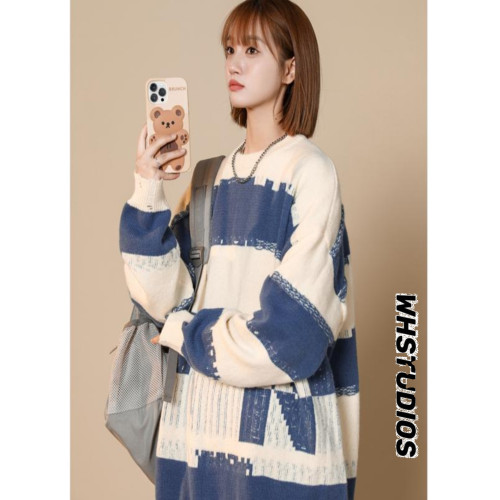 條紋拼色毛衣女秋冬胖mm學生大碼寬松慵懶風針織衫套頭圓領毛線衣 條紋拼色毛衣女秋冬胖mm學生大碼寬松慵懶風針織衫套頭圓領毛線衣