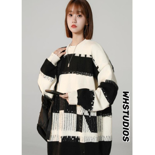 條紋拼色毛衣女秋冬胖mm學生大碼寬松慵懶風針織衫套頭圓領毛線衣 條紋拼色毛衣女秋冬胖mm學生大碼寬松慵懶風針織衫套頭圓領毛線衣