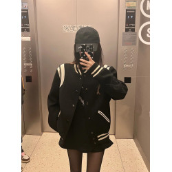 黑色棒球服外套女加厚春秋季2025新款美式復古學院風毛呢夾克上衣