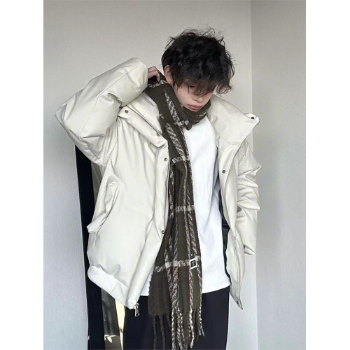 廓形PU皮短款羽絨服男款冬季麵包服棉衣cleanfit美式高街立領外套