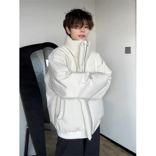 廓形PU皮短款羽絨服男款冬季麵包服棉衣cleanfit美式高街立領外套