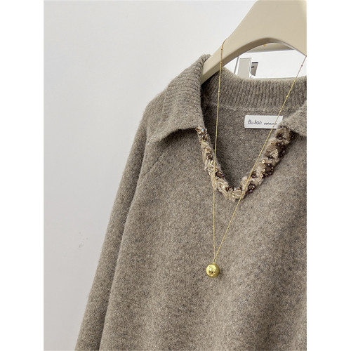 高級感重工亮片翻領毛衣女冬季加厚外穿軟糯深秋初冬穿搭寬松慵懶