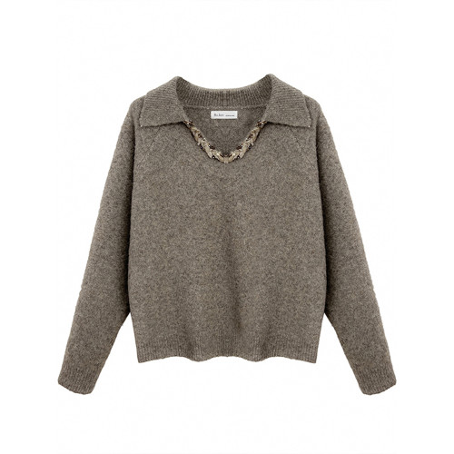 高級感重工亮片翻領毛衣女冬季加厚外穿軟糯深秋初冬穿搭寬松慵懶