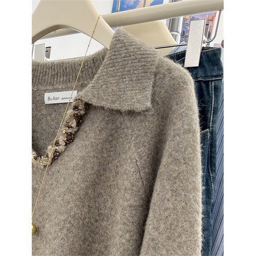 高級感重工亮片翻領毛衣女冬季加厚外穿軟糯深秋初冬穿搭寬松慵懶