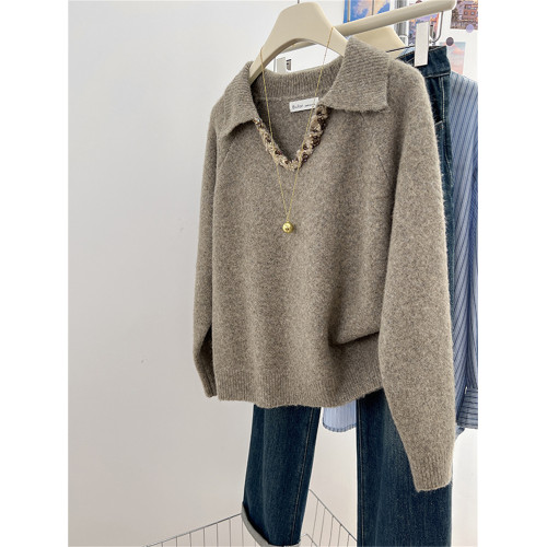 高級感重工亮片翻領毛衣女冬季加厚外穿軟糯深秋初冬穿搭寬松慵懶