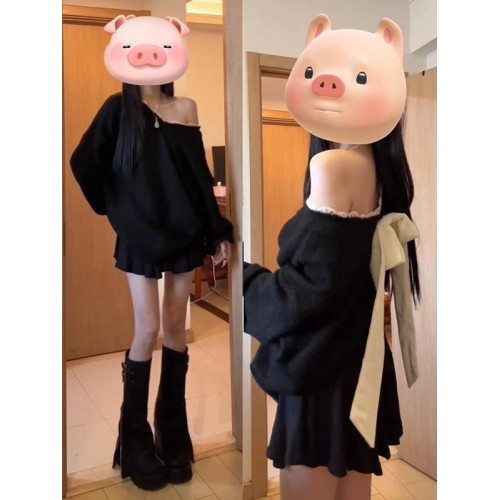 秋冬2025新款黑色蝴蝶結露背v領毛衣女慵懶風高級感寬松針織上衣