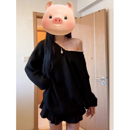 秋冬2025新款黑色蝴蝶結露背v領毛衣女慵懶風高級感寬松針織上衣