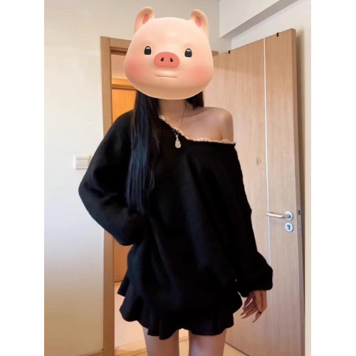 秋冬2025新款黑色蝴蝶結露背v領毛衣女慵懶風高級感寬松針織上衣