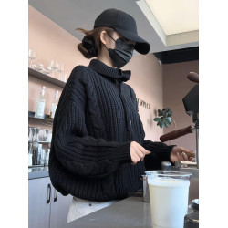 黑色高領毛衣外套女秋冬季2025新款小香慵懶風高級感針織開衫上衣