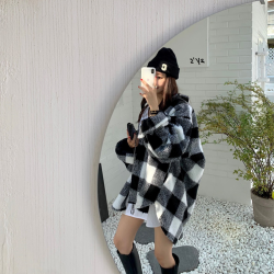 韓國翻領格子毛呢外套女冬加厚慵懶風寬松百搭系釦羊羔毛棉服保暖