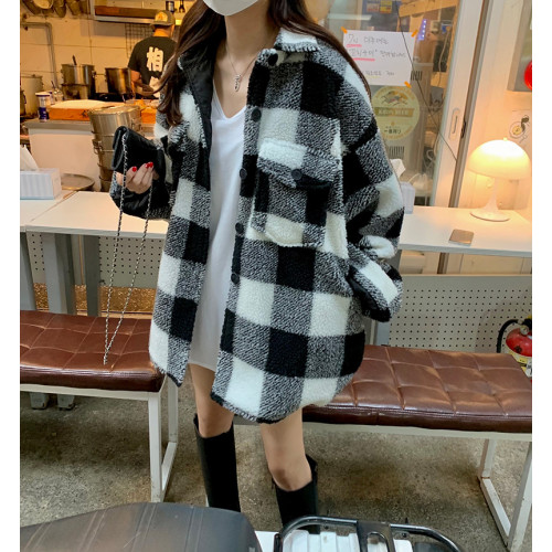 韓國翻領格子毛呢外套女冬加厚慵懶風寬松百搭系釦羊羔毛棉服保暖 韓國翻領格子毛呢外套女冬加厚慵懶風寬松百搭系釦羊羔毛棉服保暖