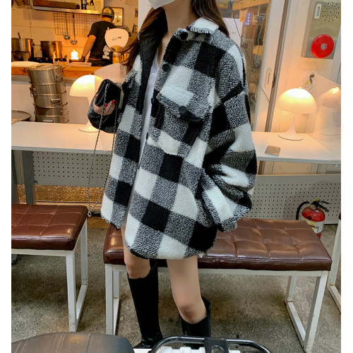 韓國翻領格子毛呢外套女冬加厚慵懶風寬松百搭系釦羊羔毛棉服保暖 韓國翻領格子毛呢外套女冬加厚慵懶風寬松百搭系釦羊羔毛棉服保暖
