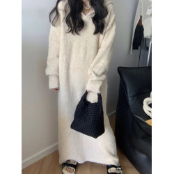 慵懶風寬松連帽連衣裙女長款秋冬韓版套頭毛線針織裙過膝長裙加厚