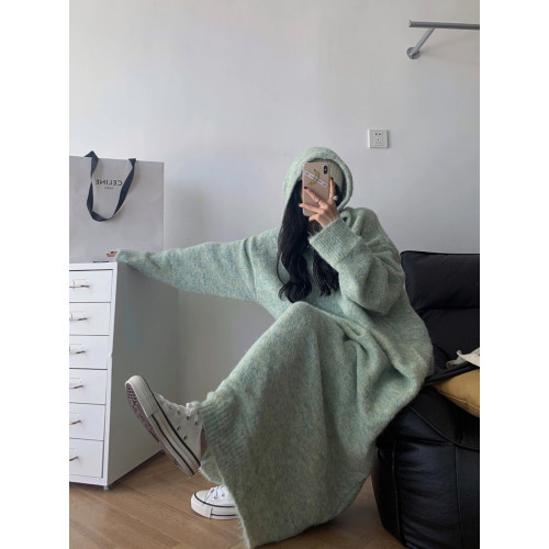 慵懶風寬松連帽連衣裙女長款秋冬韓版套頭毛線針織裙過膝長裙加厚