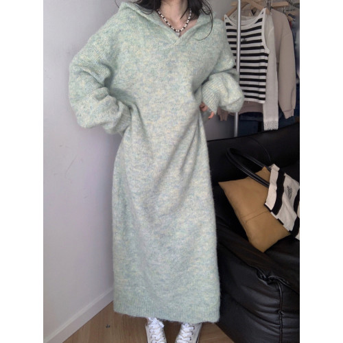 慵懶風寬松連帽連衣裙女長款秋冬韓版套頭毛線針織裙過膝長裙加厚