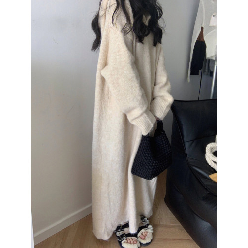 慵懶風寬松連帽連衣裙女長款秋冬韓版套頭毛線針織裙過膝長裙加厚