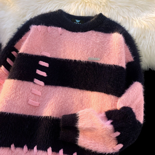 逃離地球美式甜美風撞色條紋圓領毛衣女高街潮牌毛茸茸針織衫上衣 逃離地球美式甜美風撞色條紋圓領毛衣女高街潮牌毛茸茸針織衫上衣