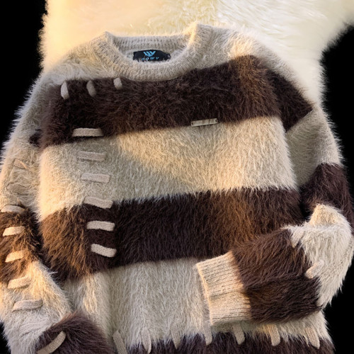 逃離地球美式甜美風撞色條紋圓領毛衣女高街潮牌毛茸茸針織衫上衣 逃離地球美式甜美風撞色條紋圓領毛衣女高街潮牌毛茸茸針織衫上衣