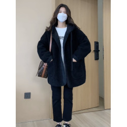 夾棉加厚羊羔毛外套女2025年冬季新款韓版寬松中長款棉服連帽上衣