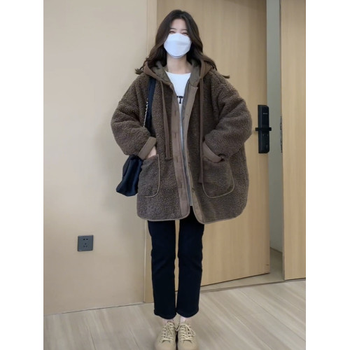 夾棉加厚羊羔毛外套女2025年冬季新款韓版寬松中長款棉服連帽上衣 夾棉加厚羊羔毛外套女2025年冬季新款韓版寬松中長款棉服連帽上衣