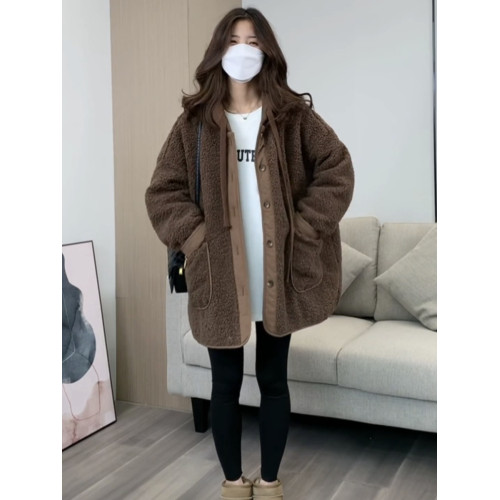 夾棉加厚羊羔毛外套女2025年冬季新款韓版寬松中長款棉服連帽上衣 夾棉加厚羊羔毛外套女2025年冬季新款韓版寬松中長款棉服連帽上衣