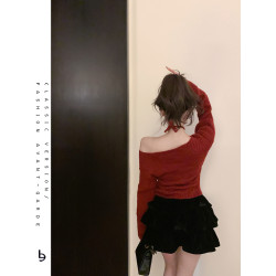 聖誕新年紅色高級感綁帶毛衣女純欲小性感一字肩露鎖骨上衣針織衫