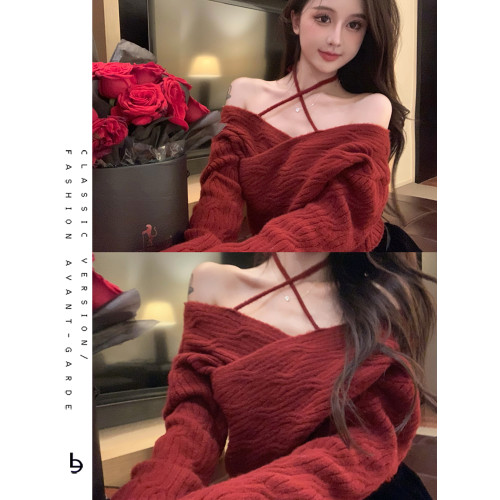 聖誕新年紅色高級感綁帶毛衣女純欲小性感一字肩露鎖骨上衣針織衫