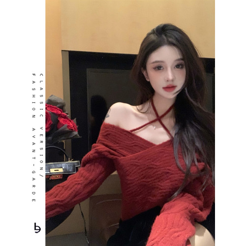 聖誕新年紅色高級感綁帶毛衣女純欲小性感一字肩露鎖骨上衣針織衫