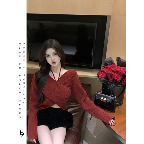聖誕新年紅色高級感綁帶毛衣女純欲小性感一字肩露鎖骨上衣針織衫