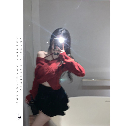 聖誕新年紅色高級感綁帶毛衣女純欲小性感一字肩露鎖骨上衣針織衫