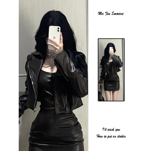 美式復古短款黑色皮衣外套女春秋季2025新款小個子高級感夾克上衣 美式復古短款黑色皮衣外套女春秋季2025新款小個子高級感夾克上衣