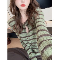 法式撞色條紋軟糯開衫毛衣女秋季2025新款韓系減齡針織衫長袖上衣