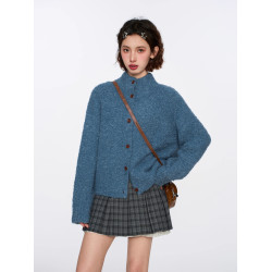 藍色半高領針織毛衣開衫女秋冬季慵懶復古浣熊絨立領加厚上衣外套