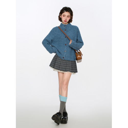 藍色半高領針織毛衣開衫女秋冬季慵懶復古浣熊絨立領加厚上衣外套 藍色半高領針織毛衣開衫女秋冬季慵懶復古浣熊絨立領加厚上衣外套