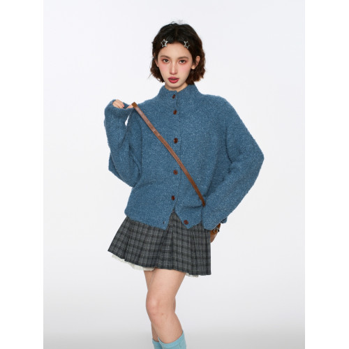 藍色半高領針織毛衣開衫女秋冬季慵懶復古浣熊絨立領加厚上衣外套 藍色半高領針織毛衣開衫女秋冬季慵懶復古浣熊絨立領加厚上衣外套