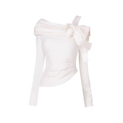 法式一字肩蝴蝶結系帶長袖針織衫女春秋季修身露肩內搭打底衫上衣