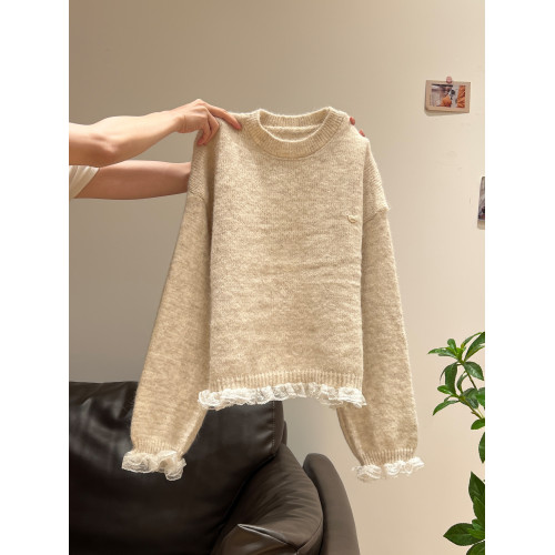 韓系下擺蕾絲加厚毛衣女外套2025秋冬慵懶風設計感長袖針織衫上衣