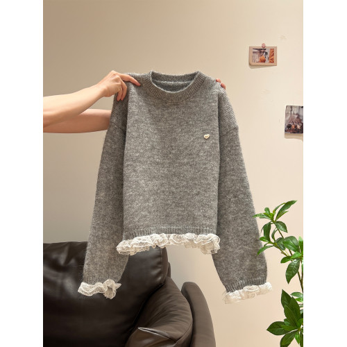 韓系下擺蕾絲加厚毛衣女外套2025秋冬慵懶風設計感長袖針織衫上衣