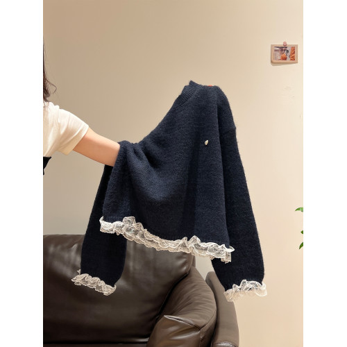 韓系下擺蕾絲加厚毛衣女外套2025秋冬慵懶風設計感長袖針織衫上衣