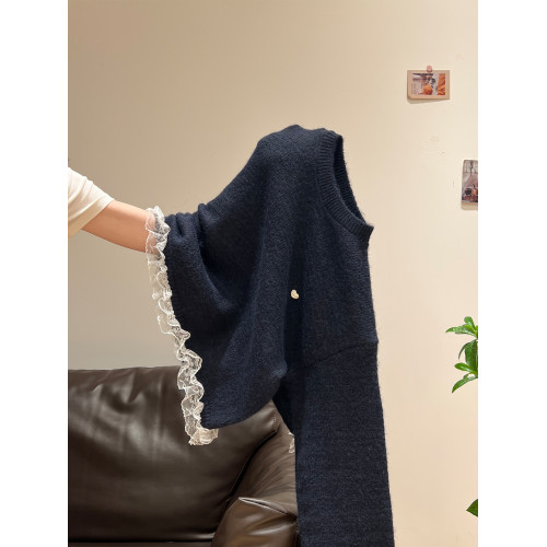 韓系下擺蕾絲加厚毛衣女外套2025秋冬慵懶風設計感長袖針織衫上衣